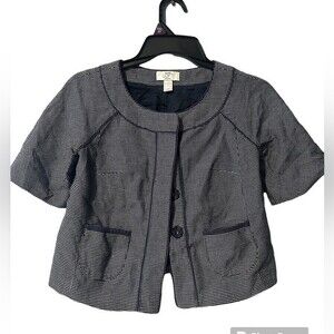 Ann Taylor LOFT Womens Blazer Blue Check Raglan Short Sleeve Collarless Jacket